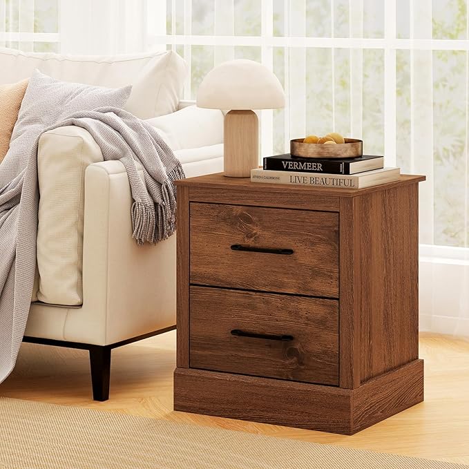 SIMOE Walnut Farmhouse Nightstand, Wooden Bedside Table with 2 Storage Drawers, Compact Floor-Standing Night Stand, Accent Sofa Side Table for Bedrooms