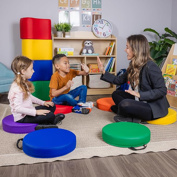 Schooled Cushioned Floor Seats - Set of 6 Round Spot Markers for Early Childhood Floor Time - Flexible Seating