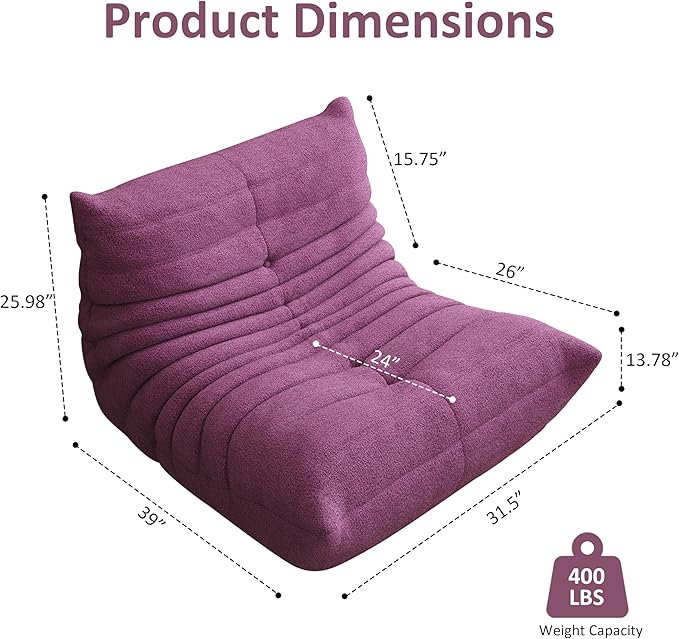 Bean Bag Chair, Oversized Bean Bag Chair for living Room, Fireside Chair for adults with Memory Foam Filled, Big Accent Sofa Lounge Floor Sofa for Gaming, Reading, Relax, No Assembly Required (Purple)