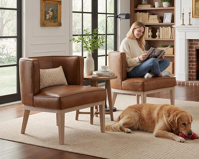 Mid Century-Modern Brown Faux Leather Accent Chairs Set of 2, Comfy Upholstered Barrel Chairs with Wood Leg Reading Armchairs Waiting Room Round Side Chairs for Small Spaces/Living Room/Bedroom/Office