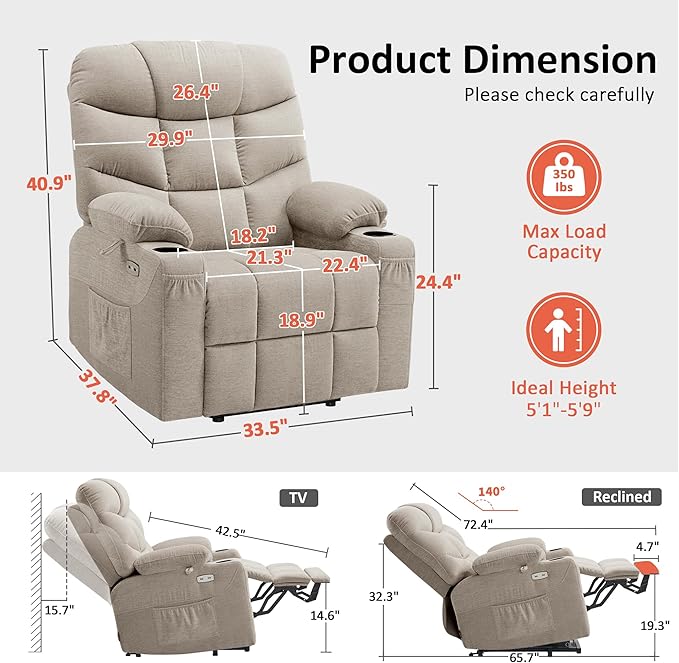 MCombo Power Lift Recliner Chair with Extended Footrest for Elderly People, Fabric 7287 (Oatmeal, Medium)