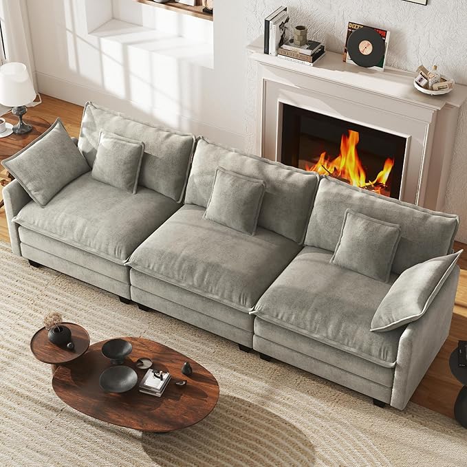 WorthFurni 111.4” Cloud Couch, Modular Sectional Sofa, Comfy Modern 3-Seater Couches with Pillows & Upholstered Deep Seat Cushion for Apartment Living Room Bedroom （Grey）