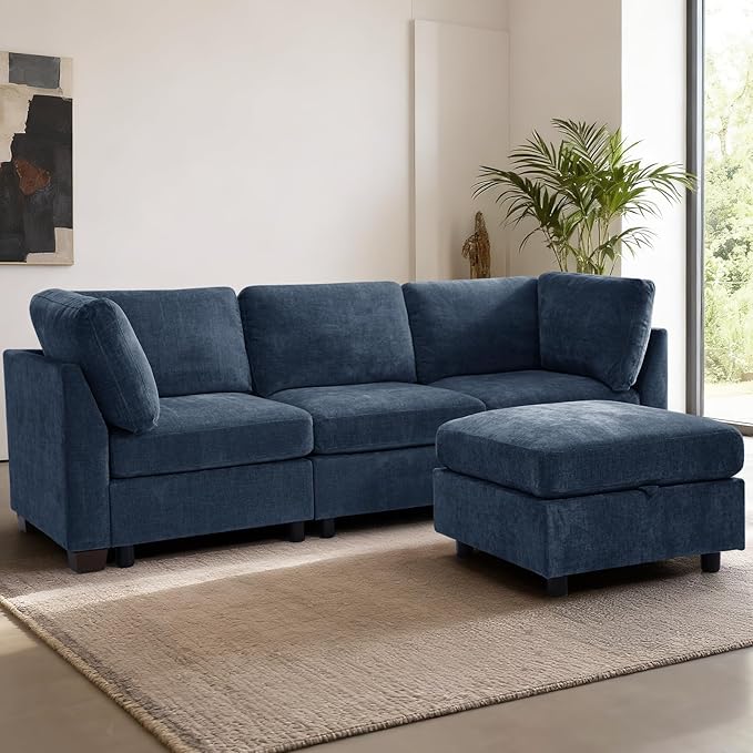 EDILLY 94 inches Oversized Modular Sectional Fabric Cloud Sofa Set, Extra Large L Shaped Couch Reversible Chaise Couch,3 Seat Modular Sofa with Storage Ottoman, Blue