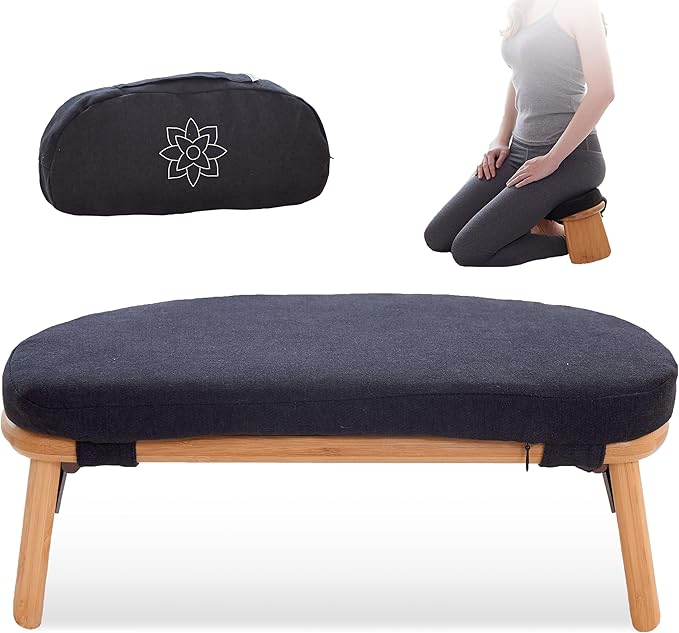 Mindful Modern Folding Meditation Bench - Bamboo Kneeling Stool w/Locking Magnetic Hinges - Prayer Kneeler Seiza Chair w/Soft Pillow & Travel Bag