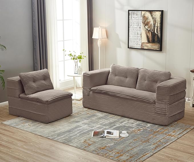 80" Foldable Floor Couch, 3-Seat Convertible Sleeper Sofa with Chaise Lounge, Blanket and 3 Soft Pillows, Corduroy Fabric, for Living Room, Bedroom, Apartment, No Assembly Required, Coffee