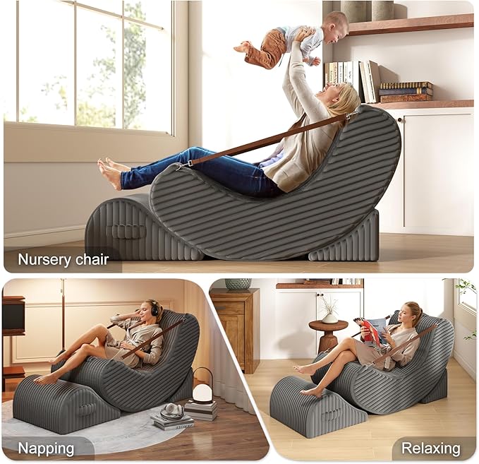 Gaint Bean Bag Chairs for Adults, Beanbag Lounge Filled with Memory Foam, Adjustable Angle, Corduroy Fabric, with Detachable Footrest for Bedroom, Living Room and Nursery(Grey)