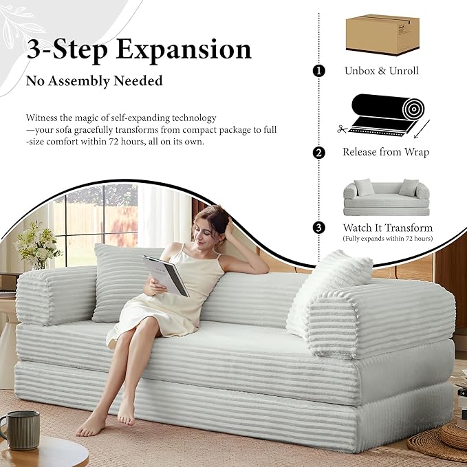 Chorlenimi Boneless Couch Futon Sofa Bed Sectional Couches for Living Room,Cloud Couch with Sleeper Sofa,Sofas for Living Room Oversized Corduroy Upholstered (Light Grey, 76 Inches (No Iron Frame))