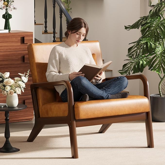 ELUCHANG Mid-Century Modern Chair,Upholstered Accent Chair Reading Arm Chair with Cushion & Lumbar Pillow & Solid Wood Frame for Lounge, Living Room, Bedroom, Office, Brown-PU Leather