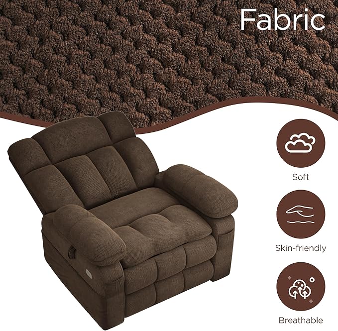Dual Motor Power Lift Recliner Chair for Elderly with Adjustable Headrest,Extra Wide Recliner Chair with Massage,Lay Flat Recliner with Extended Footrest,Cup holder,Storebox,USB&Type-C Ports,Brown