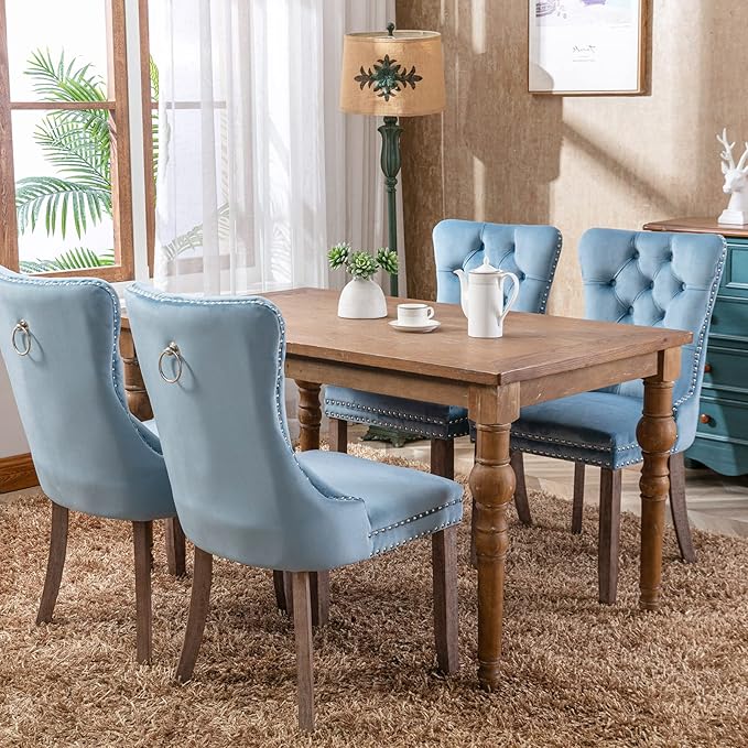 YeahFurn Sky Blue Mid Century Modern Dining Chairs Set of 2, Velvet Upholstered Kitchen & Dining Room Chairs with Nailhead Trim & Solid Wood Legs, Elegant Sillas De Comedor (Sky Blue, 2 Pcs)