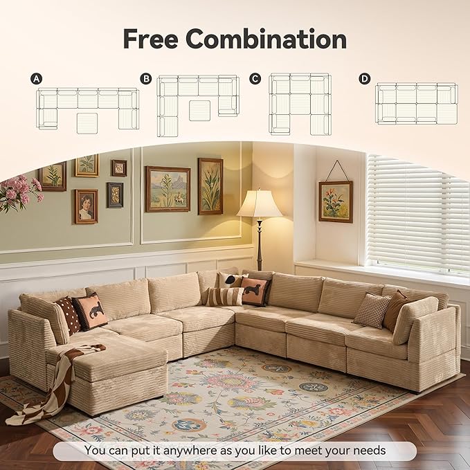 CAODOC Large 8 Seat Modular Sectional Sofa with Ottoman Seat Corduroy Sleeper Sectional Sofa Bed Oversized Convertible Modular Couch for Living Room