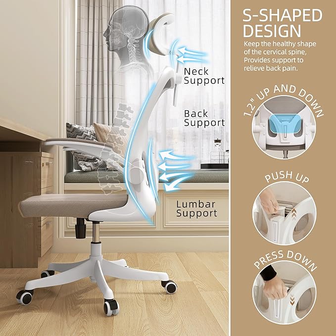 Monhey Office Chair Ergonomic Desk Chair with Lumbar Support&Headrest&Flip-up Arms Height Adjustable Rocking Swivel High Computer Chair Multi-Angle from 90° to 130° with 350LBS Capacity(04White+khaki)