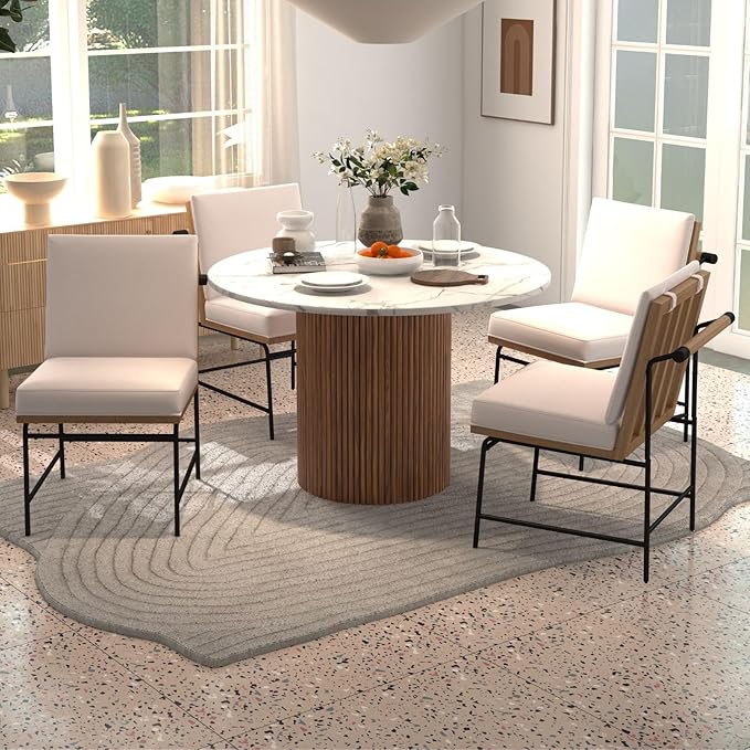 LukeAlon Mid Century Linen Dining Chairs Set of 4, Upholstered Square Back Kitchen Chairs with Metal Legs Armless Parsons Chairs with Wood Frame for Dining Room Reception Room, White