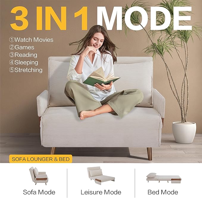 CITTANEO 42" Convertible Sleeper Chair, 3-in-1 Chair Bed Sleeper for Adults with Adjustable Backrest, Pillow & Wooden Arms, Loveseat Sofa Bed for Apartment, Office, Beige