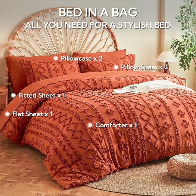 MR&HM Queen Comforter Set Terracotta, 7 Pieces Tufted Boho Beddding Sets, Farmhouse Style Bed in a Bag with 1 Comforter, 2 Pillow Shams, 2 Pillowcases, 1 Flat Sheet, 1 Fitted Sheet for All Seasons