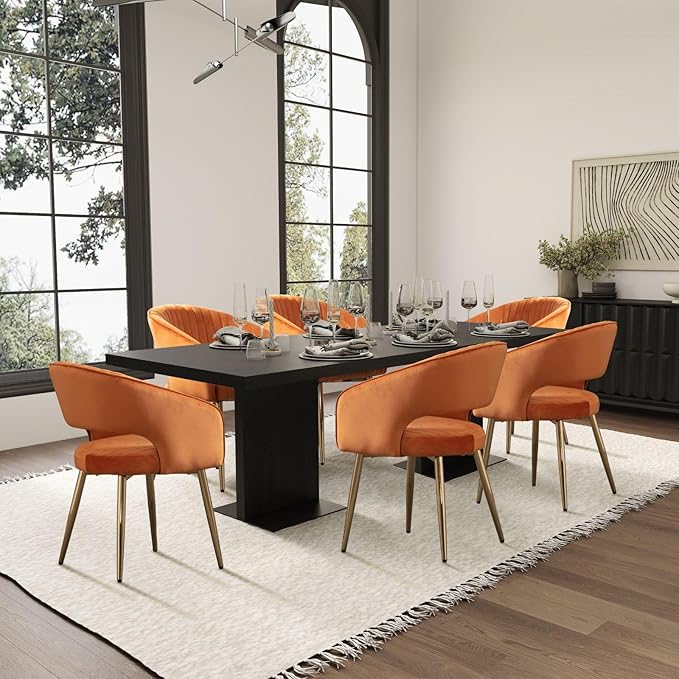 COMULER Orange Velvet Dining Chairs Gold Legs, Modern Dining Room Chairs with Arms Set of 6 Upholstered Accent Chair Armchair with Barrel Back for Kitchen Living Room