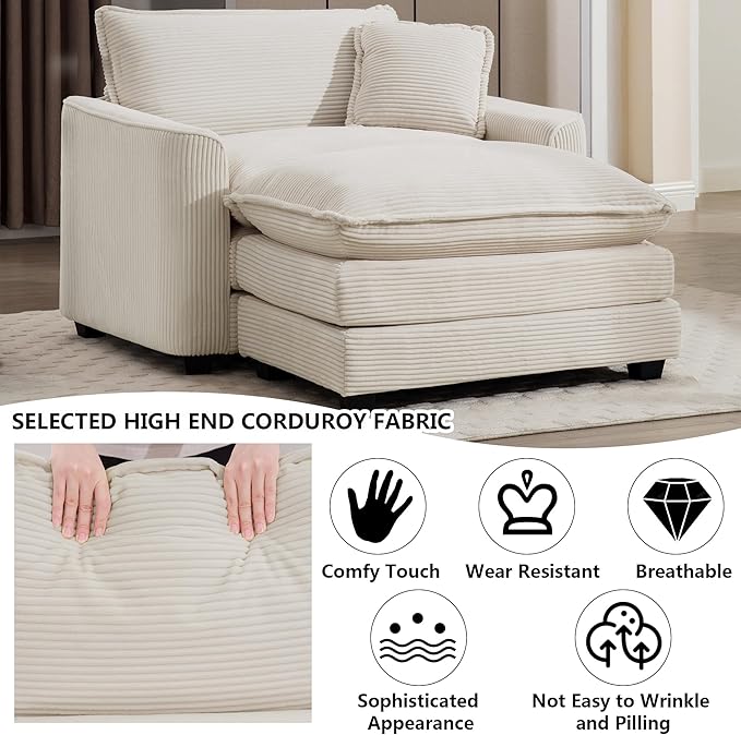 Aoowow Corduroy Large Armchair with Ottoman,Tufted Indoor Chaise Lounge Chair,Oversized Single Sofa Chairs with Footrest,Single Seat Cloud Sofas Couches for Living Room (Beige, Sofa Chair + Ottoman)