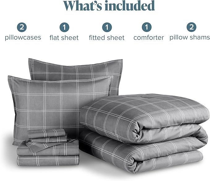 Bare Home Bed-in-A-Bag 7 Piece Comforter & Sheet Set - Full - Track Stitch - Goose Down Alternative - Ultra-Soft 1800 Premium - Bedding Set (Full, Modern Plaid - Grey/White)