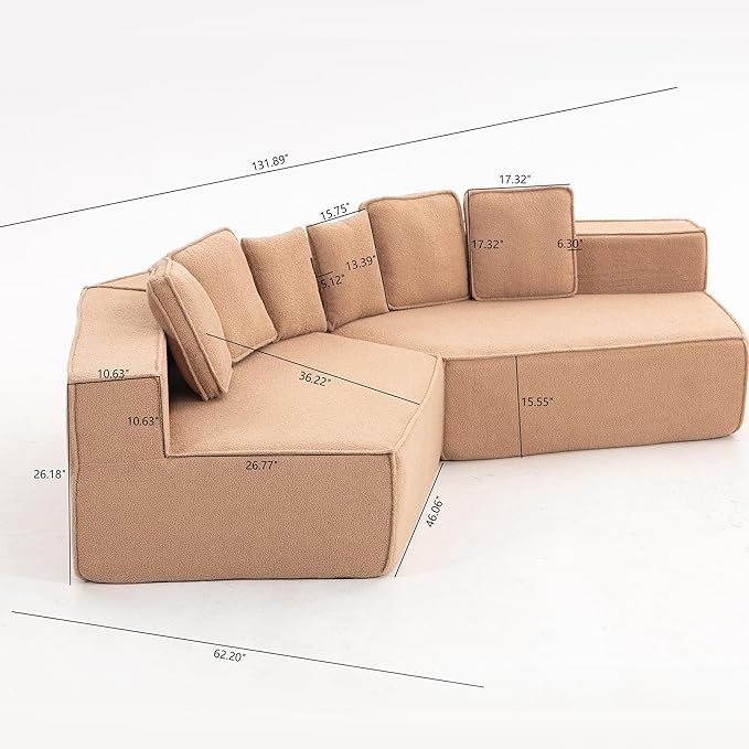 KEIKI 132" Extra Wide Teddy Modular Sectional Sofa All Foam Cushion Deep Support Cozy Theater Room Couch for Streaming Gaming Media Room Family Entertainment Comfortable Seating