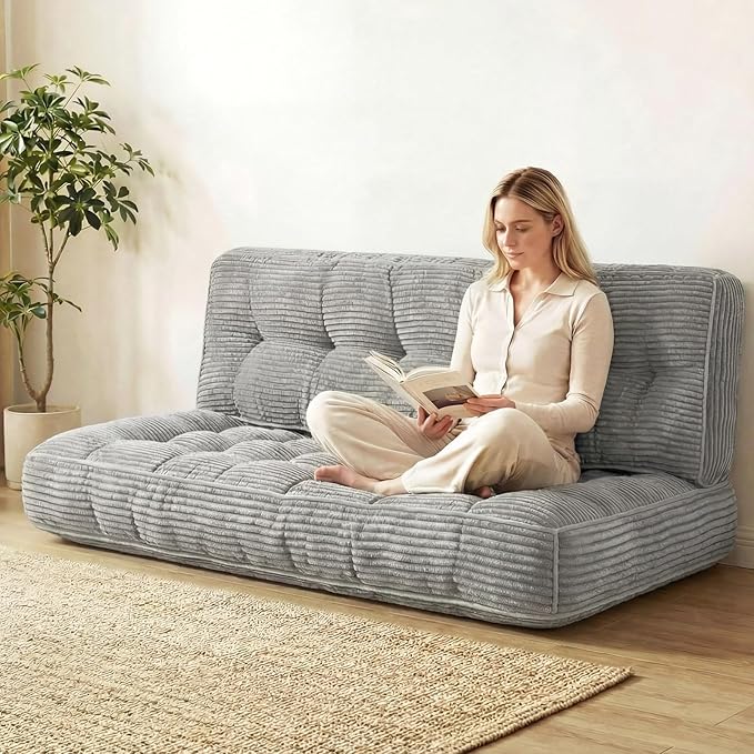 Vercraft 63 Inch Folding Bench Cushion, 4 Inch Thick 2-in-1 Convertible Long Floor Lounger Boneless Cushions Couch Mattress Upholstered for Yoga, Reading, Sleeping, Meditation Living Room(Light Grey)