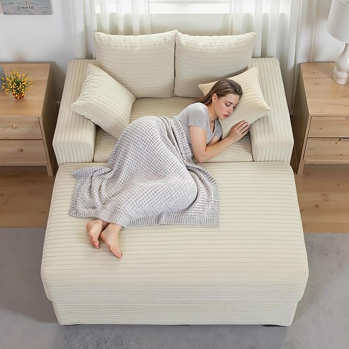 Indoor Chaise Lounge Chair With Storage Ottoman, Modern 60-Inch Lounge Sofa Chair With Wide Armrests & 4 Pillows, Oversized Comfy Reading Lounger For Living Room, Bedroom（Wide-Rib Corduroy Beige)