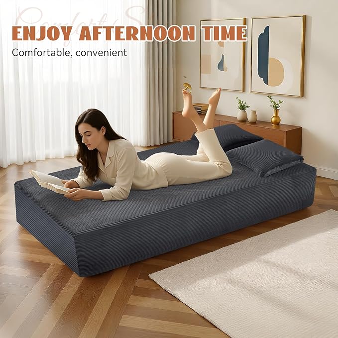83" Sofa in a Box, 3 Seater Couch No Assembly Boneless Sofa Bed with Cushion Back 2 Pillows Deep Seat Corduroy Fabric Side Storage Pockets for Living Room, Bedroom, Apartment, Office, Deep Grey