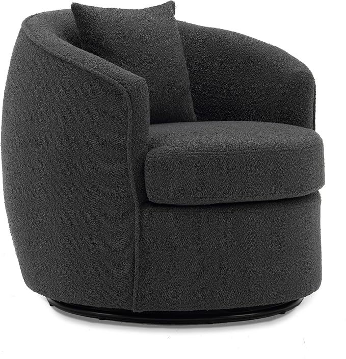 FaFaSoGoodFa Swivel Accent Chair, Modern Upholstered Boucle Barrel Arm Chairs with Pillow for Living Room, 360 Degree Round Swivel Sherpa Armchair with Round Base for Bedroom Club (1, Dark Grey)