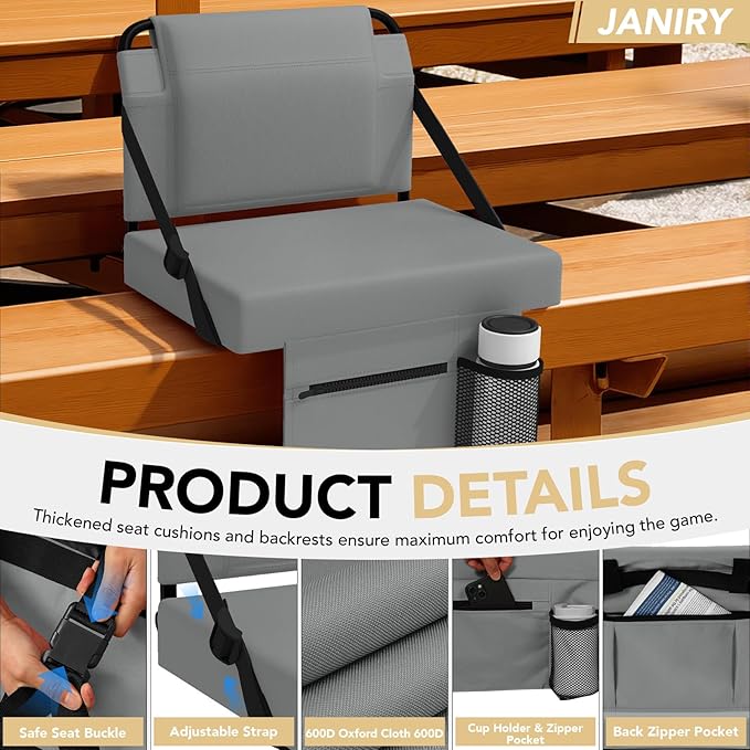 Stadium Seat for Bleachers with Back Support,Portable Bleacher Chairs with Back and Cushion，Grey