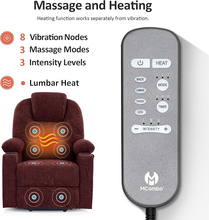 MCombo Power Lift Recliner Chair for Elderly, Lift Chair with Heat and Massage for Tall People, USB&Type C Ports, Extended Footrest, Cup Holders, Fabric 7516(Large,Sangria)
