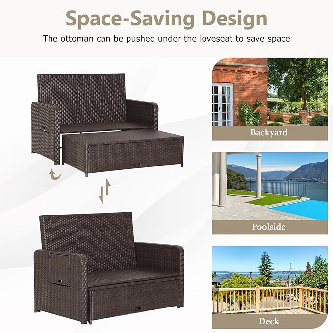 RELAX4LIFE Wicker Patio Outdoor Daybed - Rattan Day Bed Lounger with Loveseat & Storage Ottoman, Sunbed Sofa Set w/Cushions, 4-Level Adjustable Backrest & 2 Retractable Trays, Patio Daybed (Beige)
