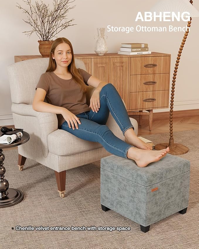 ABHENG 17.7 inches Chenille turfed Ottomans Cube with Storage, Metal-Framed Square Storage Ottoman Foot Rest Stool Holds 770 LB for Dorm Living Room Bedroom Gray UASN641G