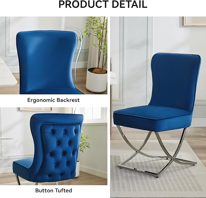 WUTUTUEE Luxury Velvet Dining Chairs, Tufted Upholstered Armless Accent Chairs with Silver Metal X-Legs, Modern Glam Dining Room Chair Set of 2, Navy