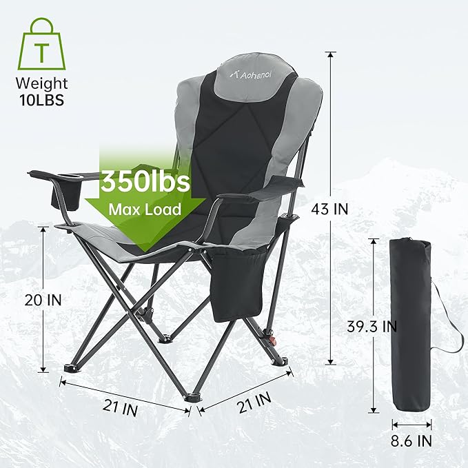 Aohanoi Camping Chairs, Portable 2 Pack Camp Chairs for Heavy People with Adjustable Angled Backrest, Outdoor Folding Camping Chairs for Outside Supports up to 350lbs, Carry Bag Included