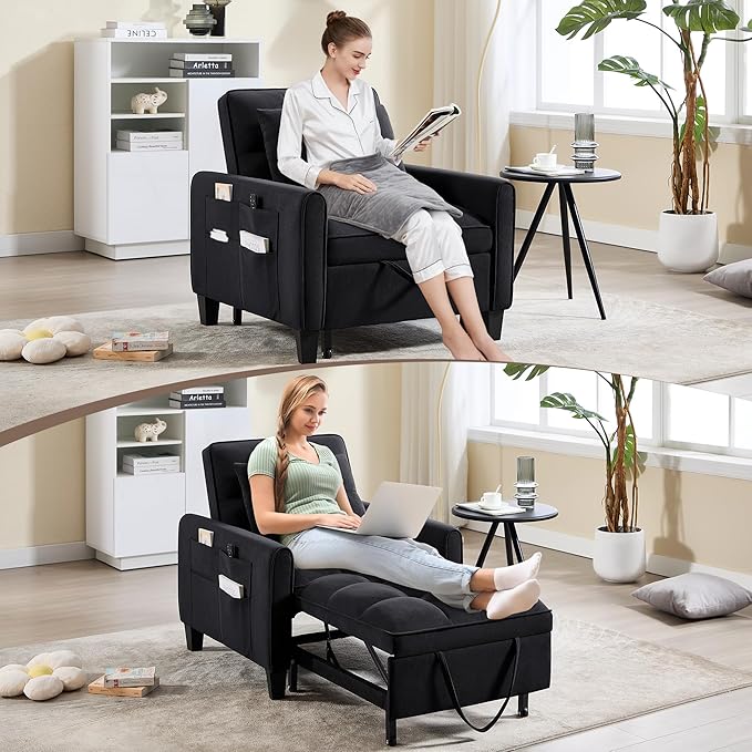 Choairy Modern Black Velvet 3 in 1 Sleeper Chair Bed Pull Out Sofa Bed Chair, Adjustable Backrest, 3 Reclining Positions, Adult Size, Indoor Use
