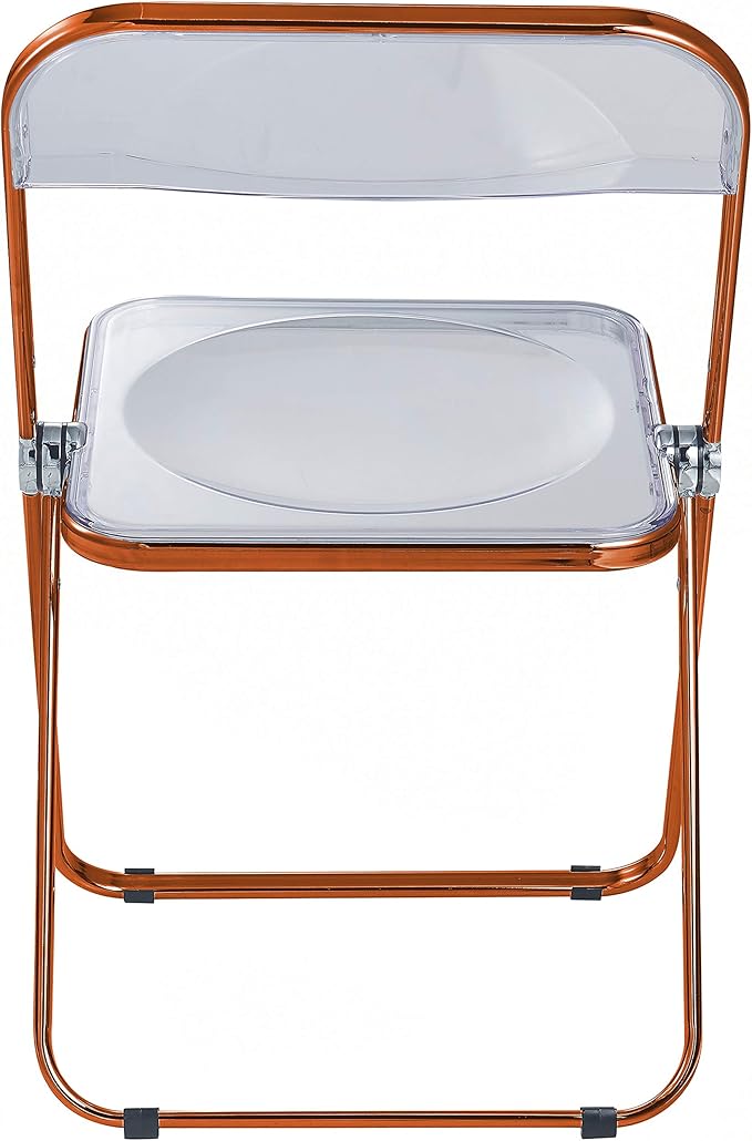 LeisureMod Lawrence Modern Transparent Acrylic Folding Chair with Metal Frame (Orange)