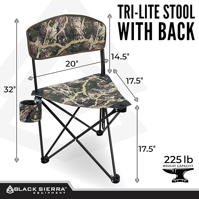 Black Sierra Tri-Lite Stool w/Back, Lightweight Portable Fishing Chair w/Cupholder and Carry Strap, Supports 225-Lb, Portable Outdoor Chair for Hunting, Camping, Travel, Hiking