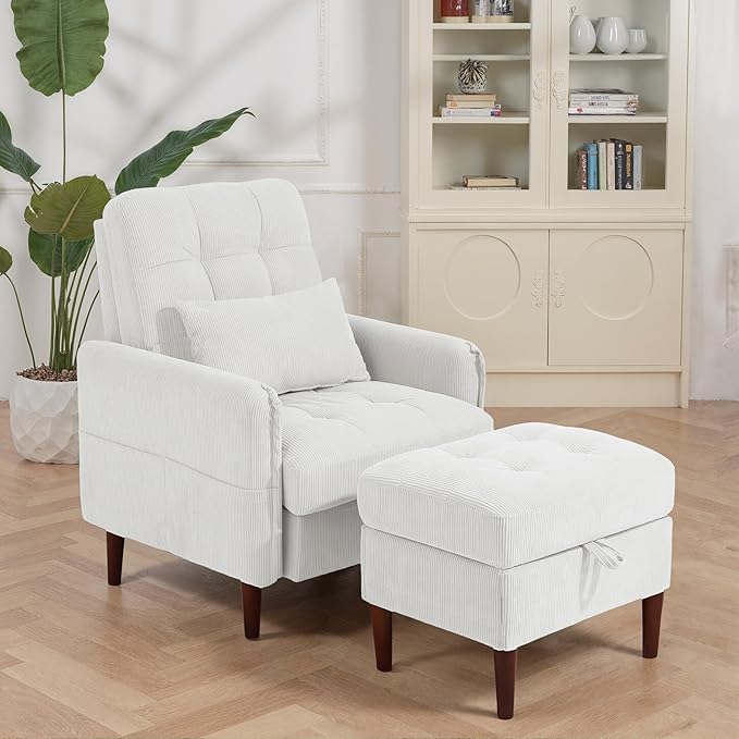 Lumibee Accent Chair with Storage Ottoman, Upholstered Comfy Reading Chair with Adjustable Reclining Backrest, Corduroy Fabric Lounge Chair Armchair for Living Room Bedroom, White
