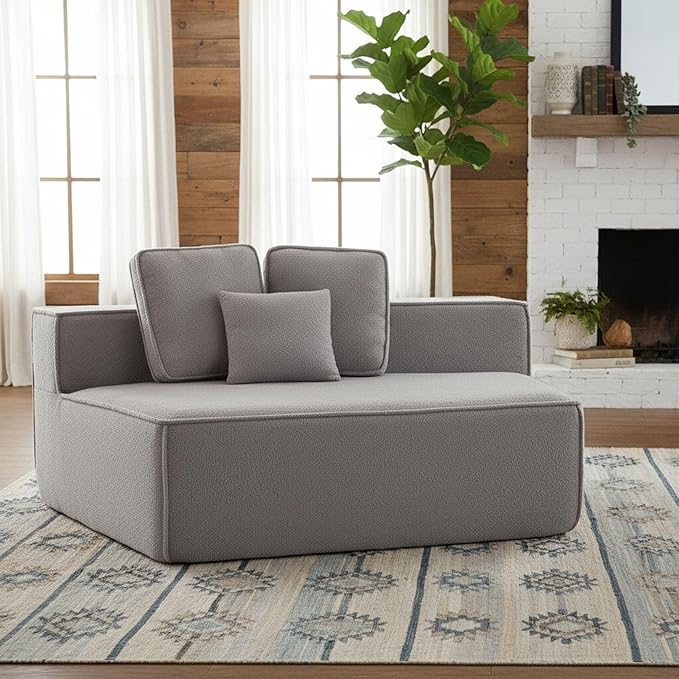 EPOFIT 1-Seater Teddy Fleece Modular Sofa Chair, Low-Profile Floor Seat with Wide Cushion and All-Foam Support, Left-Facing Design, Compressed Packaging – Grey