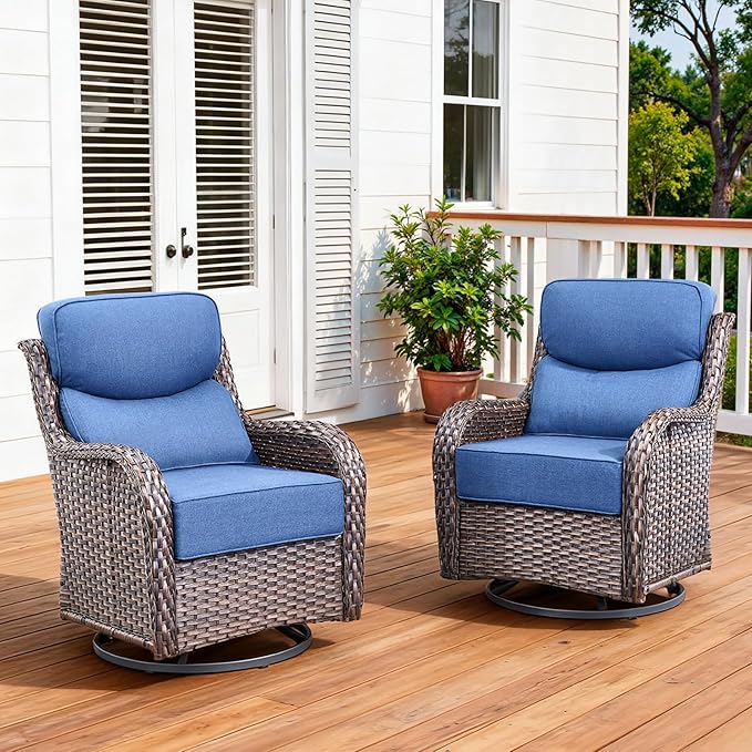 Pugire Luxury Outdoor Swivel Rocker Patio Chairs Set of 2 with 6-Inch Thick Cushions, High Back Swivel Patio Chairs Wicker Outdoor Gliders for Porch, Yard, Deck, Poolside, Brown/Blue
