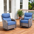 Pugire Luxury Outdoor Swivel Rocker Patio Chairs Set of 2 with 6-Inch Thick Cushions, High Back Swivel Patio Chairs Wicker Outdoor Gliders for Porch, Yard, Deck, Poolside, Brown/Blue