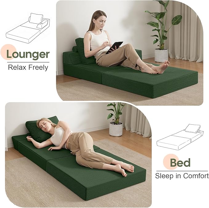 COMAX Folding Sofa Bed, Foldable Couch for Bedroom, Corduroy Convertible Floor Sleeper Futon Chair Foam, 3 in 1 Fold Out Chair Portable Comfy Lounge Couch Single Sofa Bed for Small Space Guest Room