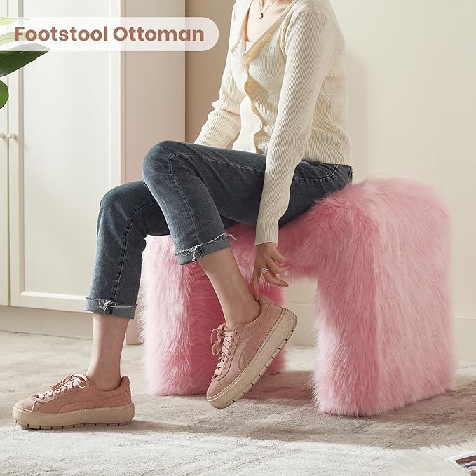 Vanity Stool Chair Small Footstool Ottoman Faux Fur Seating Backless Modern Foot Rest Ottoman Furry for Makeup Room Living Room Bedroom Entryway,Pink (Single 1)