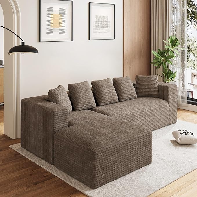 Modular Sectional Sofa, 107" L Shaped Cloud Couch Plush Corduroy Deep Seat Boneless Sofas with 5 Pillows Long Chaise Lounge Couches Memory Foam for Living Room, Brown - Left Facing Chaise