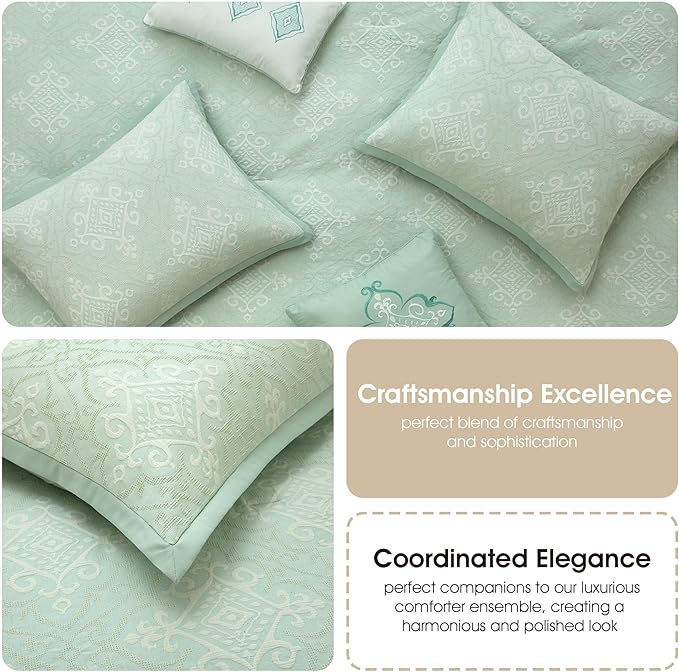 Grand Avenue 6 Piece Cotton Sage Comforter Set, Queen Size Jacquard Bedding Set, All Season Geometric Bedding, Matching Pillows, Shams, Bed Skirt