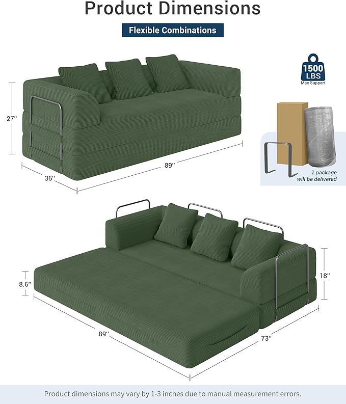 Cloud Boneless Convertible Sleeper Sofa Bed for Living Room 89" 4-in-1 Foldable Compressed Lounge 3 Seater Floor Couches High-Density Sponge & Corduroy Fabric Multi-Form Pull Out Futon Daybed(Green)