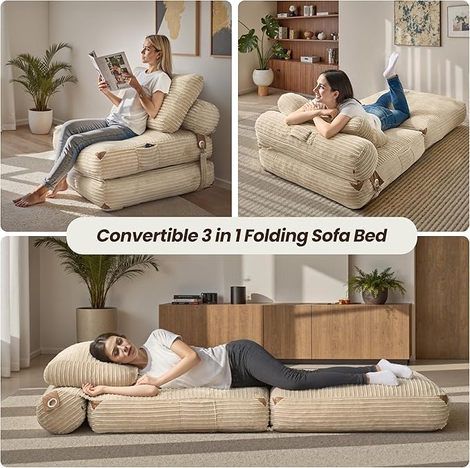 ovios Folding Sofa Bed, Foldable Sleeper Chair Floor Futon, Comfy Portable Convertible Fold Out Lounge Chairs for Living Room Bedroom, Beige