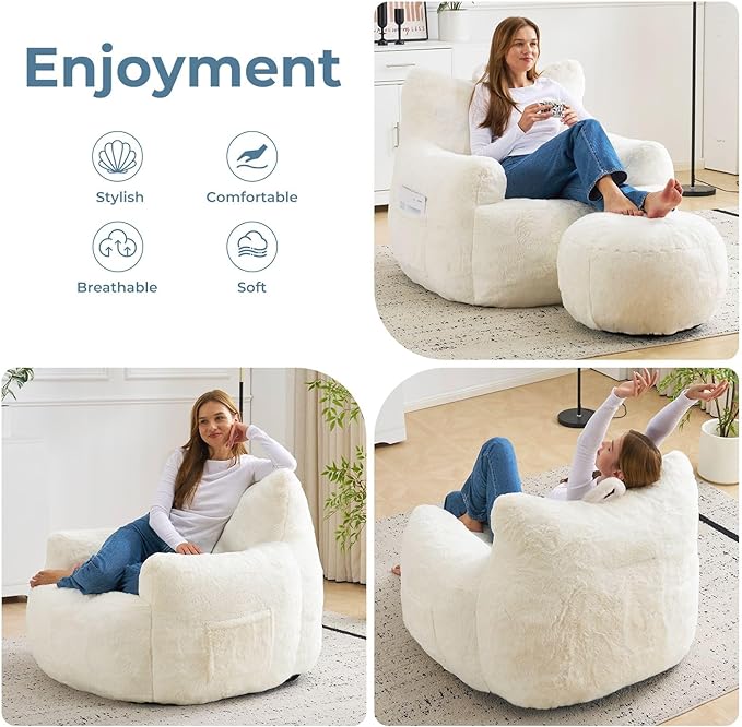 Giant Bean Bag Chair for Adults with Ottoman, Oversized Bean Bag with Filling Plush Fluffy,BeanBag Lazy Sofa Couch with Armrest for Living Room, Stuffed Floor Sofa with Sidepocket for Bedroom, Beige