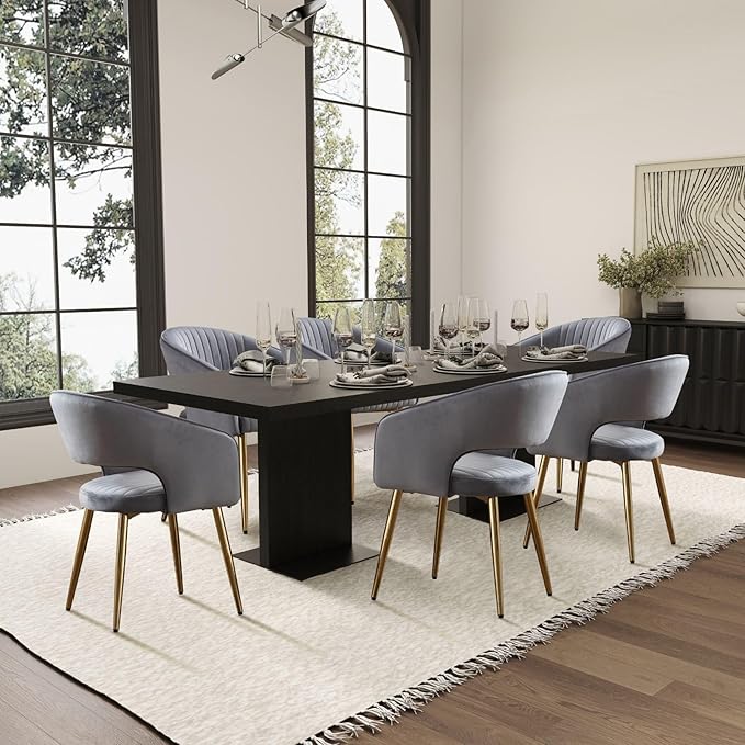 COMULER Grey Velvet Dining Chairs Gold Legs, Modern Dining Room Chairs with Arms Set of 6 Upholstered Accent Chair Armchair with Barrel Back for Kitchen Living Room