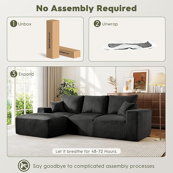WESTSETLUX 108” Cloud Sectional Sofa Couch with High-Seat, Corduroy Modular Sofa with Oversized Chaise, High-Back Modern L-Shaped Couches for Living Room, No Assembly Required (Black)