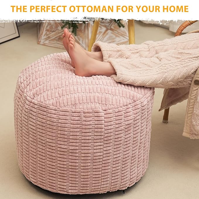 Homlazeezy Round Stuffed Pouf Ottoman for Foot Rest, Storage Ottoman Pouf Foot Stool Cushion, Faux Fur Poufs with Foam Chunk Filling, 26 X 18 Inch Floor Chair for Living Room Bedroom Home Decor, Pink